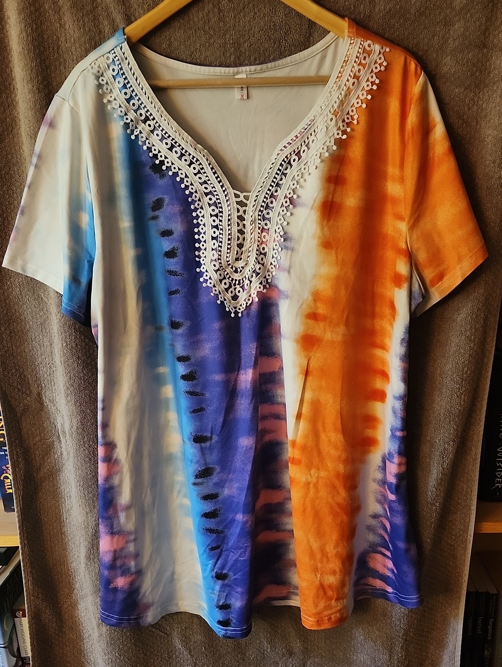 Women’s Tie-Dye V-Neck Top with Lace Trim - Blue & Orange